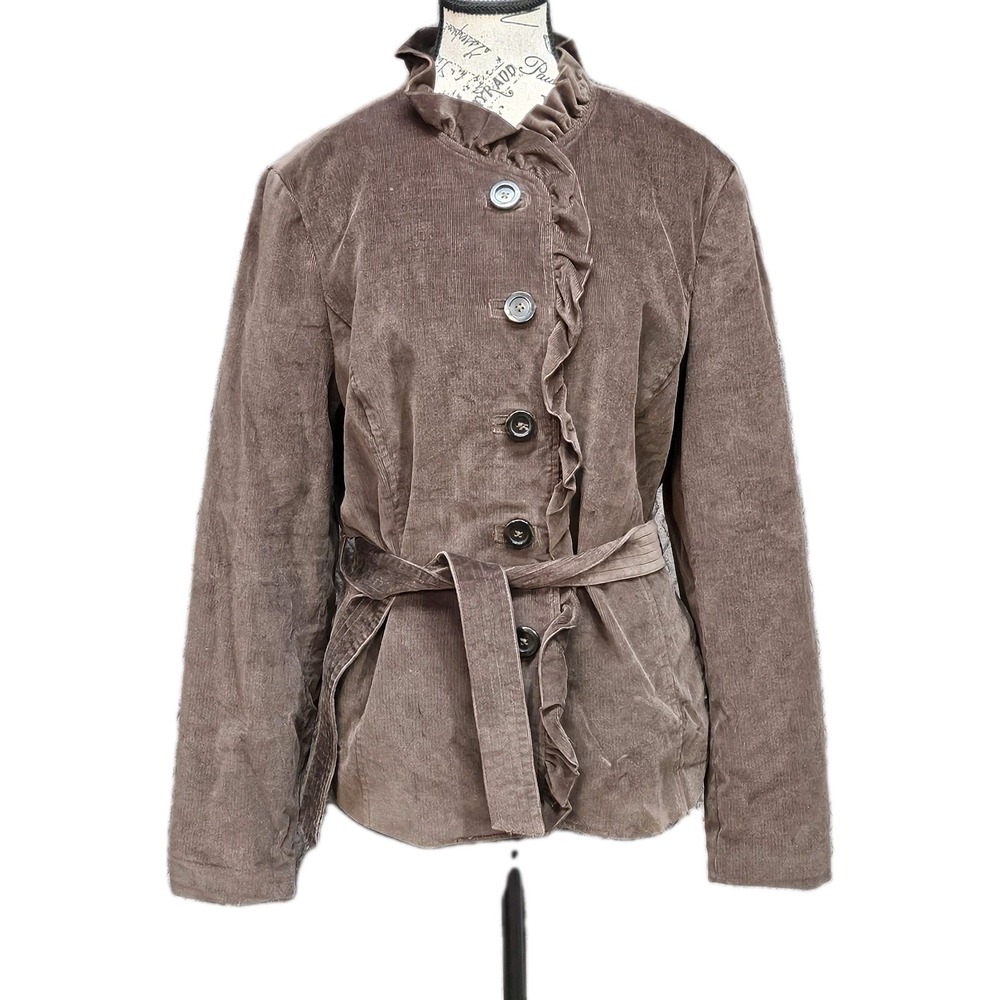 LL Bean Belted Tie Sash Ruffled Corduroy Blazer Jacket Womens 14 Brown Poet Core